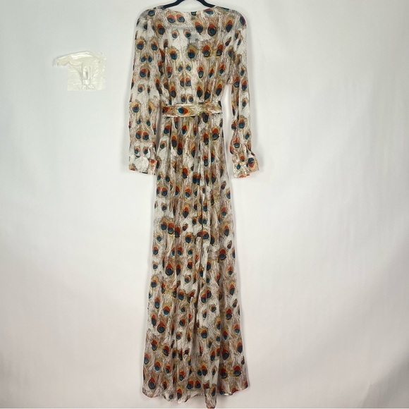Long Sleeves Cream Peacock Feathers Plunging Neck High Slit Dress Sz Large NWT - Picture 5 of 9